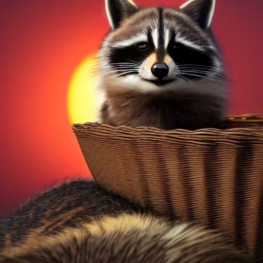 Image similar to a beautiful and realistic picture of a cat and a raccoon cuddling in a basket with a red sunset behind, photo realistic 4K, shot with a 35mm, very detailled, trending on Artstation