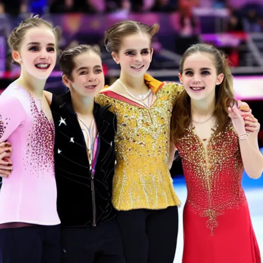 Image similar to a photo of two girls and emma watson won the gold medal of figure skating, highly detailed, cinematic lighting