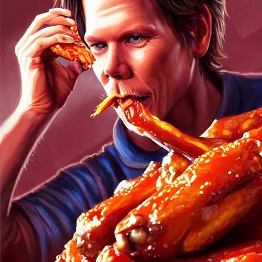 Prompt: Portrait of Kevin Bacon eating hot wings, fantasy, D&D, intricate, highly detailed, digital painting, trending on artstation, sharp focus, illustration, style of Stanley Artgerm