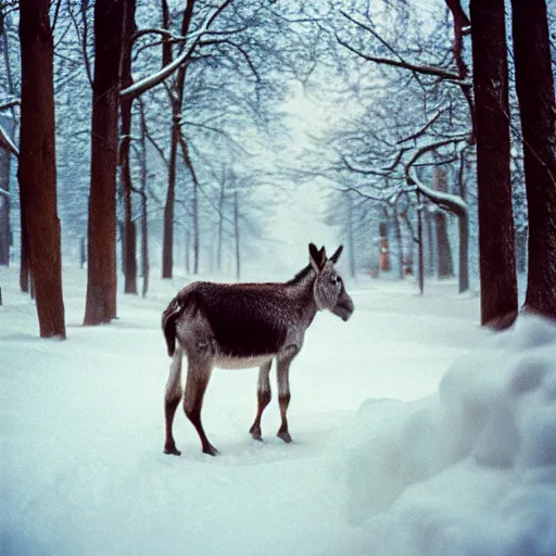 Prompt: photo of donkey walking through snow, cinestill, 800t, 35mm, full-HD