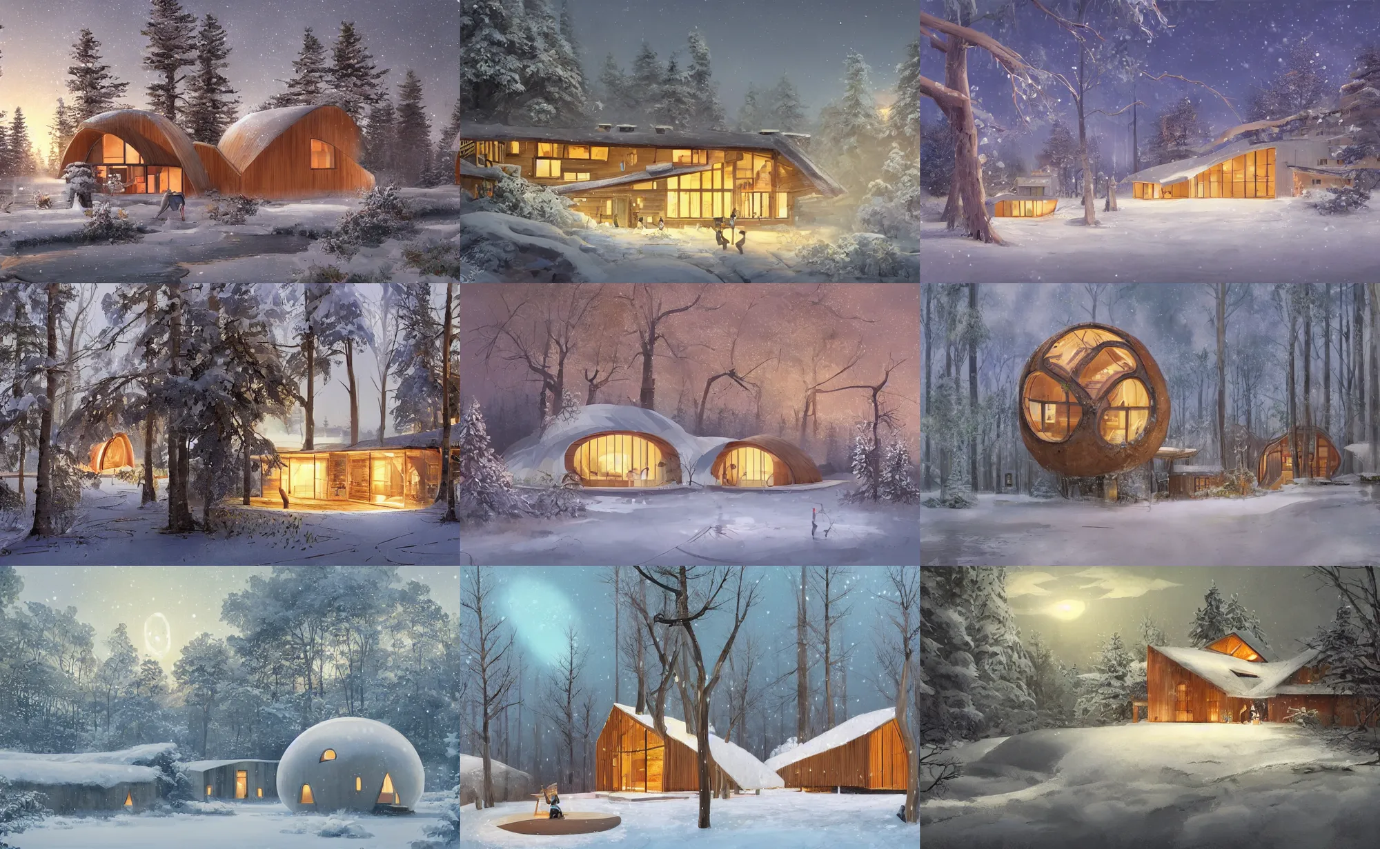 Prompt: a cosy wooden modern eco house shaped like a bubble with large windows in a snowy fir forest near a frozen pond in winter at night, peaceful and quiet, cozy, aurora borealis, detailed digital painting by goro fujita, by ghibli, by rhads, by raphael lacoste