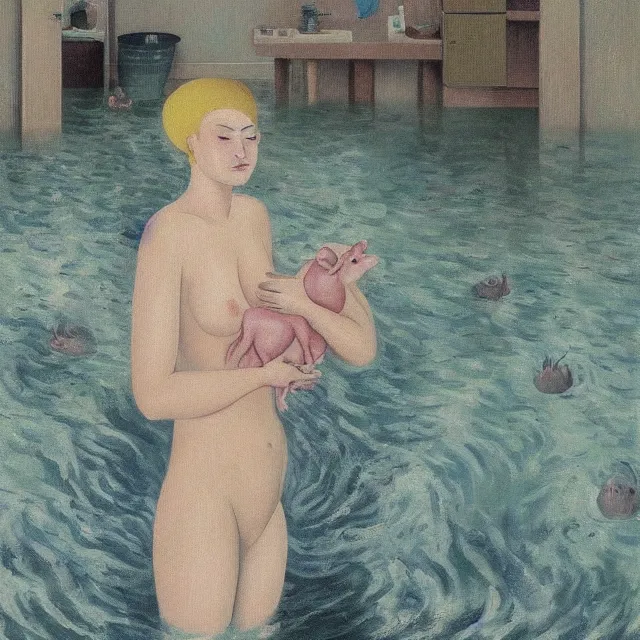 Image similar to tall female emo artist holding a pig in her flooded bathroom, water gushing from ceiling, painting of flood waters inside an artist's bathroom, a river flooding indoors, pomegranates, pigs, ikebana, zen, water, octopus, river, rapids, waterfall, black swans, canoe, berries, acrylic on canvas, surrealist, by magritte and monet