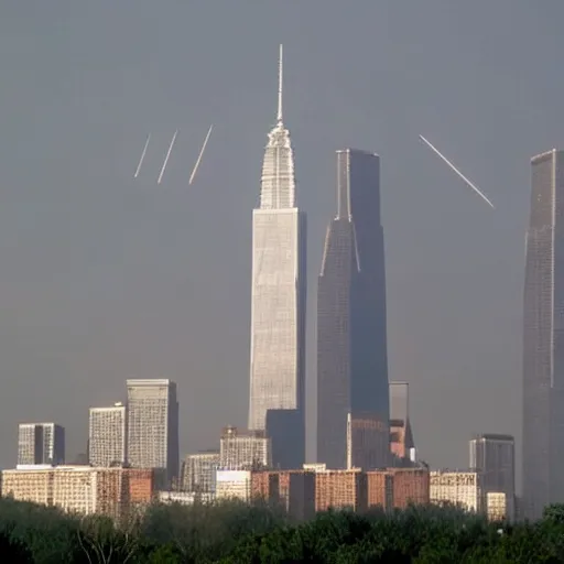 Prompt: meteor crashing into Twin Towers