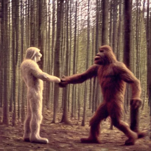 Prompt: blurry photograph of bigfoot shaking hands with an extraterrestrial