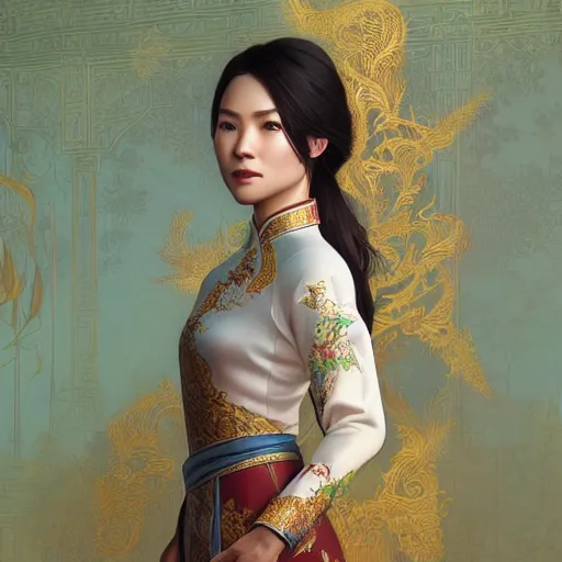 Prompt: woman wearing ao dai, ultra realistic, concept art, intricate details, highly detailed, photorealistic, octane render, 8 k, unreal engine. art by artgerm and greg rutkowski and alphonse mucha