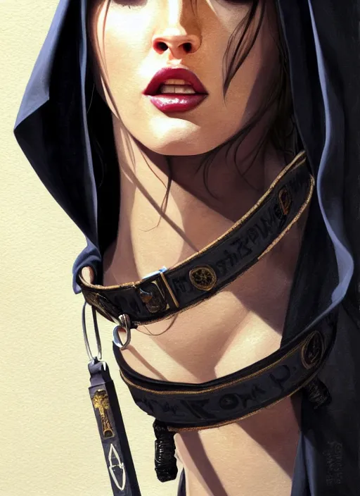 Prompt: portrait of megan fox as a evil nun with collar and leash, catholic, church, dark, intricate, headshot, key visual, conceptart, ambient lighting, highly detailed, digital painting, artstation, concept art, sharp focus, by makoto shinkai and akihiko yoshida and greg manchess