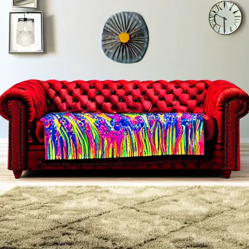 Image similar to couch sofa chesterfield flying through space psychedelic trippy eldritch horror cartoon