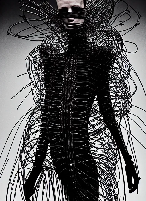 Prompt: walking down the catwalk, steven klein, mert alas and marcus piggott, show, stage, vogue photo, podium, fashion show photo, iris van herpen, beautiful woman, full body shot, helmet on face, masterpiece, inflateble shapes, plant predator, giger, guyver, jellyfish, wires, veins, biomechanical details