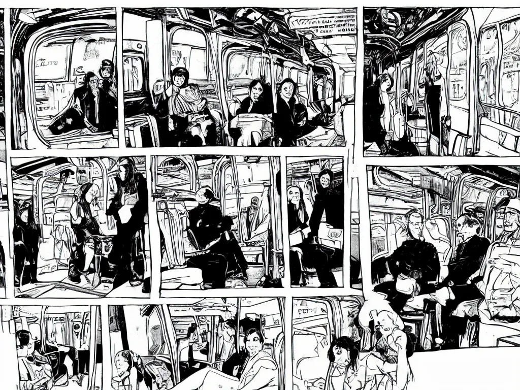 Image similar to a single comic panel by Daniel Clowes, 3/4 low angle view wide shot of two people sitting in an empty Chicago subway train, in front of windows: a sad Aubrey Plaza in a parka and a friendly Mads Mikkelsen in a suit