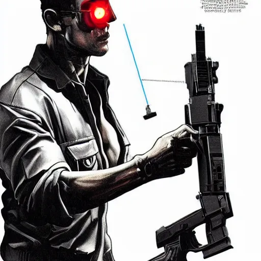 Image similar to The Terminator model 101 stands tall in club \'Tech Noir\' pointing an UZI 9mm sub machine gun at his targets forehead, The red laser sights can be seen through the dry ice. detailed, digital painting, artstation, concept art, smooth, sharp focus, illustration, art by artgerm and greg rutkowski and alphonse mucha