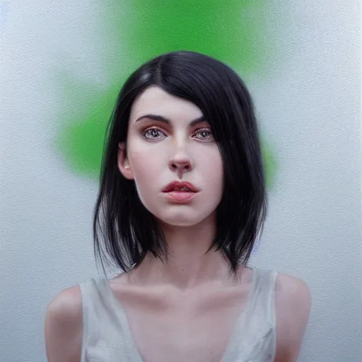 Prompt: a ultra - detailed realistic portrait of a young black haired woman with green eyes standing in front of a white wall, hyper realism, highly detailed, art, 8 k