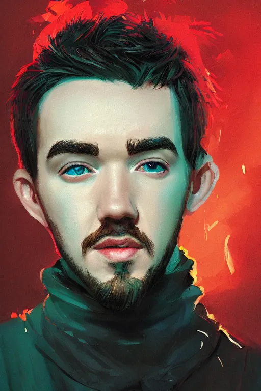 Image similar to a fancy portrait of the Irish YouTuber Seán William McLoughlin also known as jacksepticeye by Greg Rutkowski, Sung Choi, Mitchell Mohrhauser, Maciej Kuciara, Johnson Ting, Maxim Verehin, Peter Konig, 8k photorealistic, cinematic lighting, HD, high details, atmospheric,