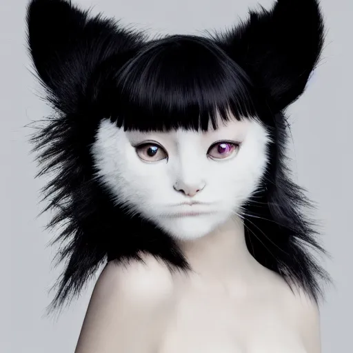 Prompt: full body aesthetic photograph of a beautiful young Japanese woman wearing fuzzy white cat ears, by Nick Knight, headshot, realistic, photorealistic, HD, 4k resolution