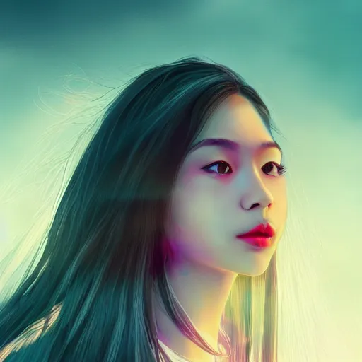 Image similar to a thin, pretty young Filipino woman with long hair floats dramatically in the air in a dreamy world in the distance, her face is shaded, very beautiful, inspiring, dramatic lighting, abstract digital art, trending on artstation