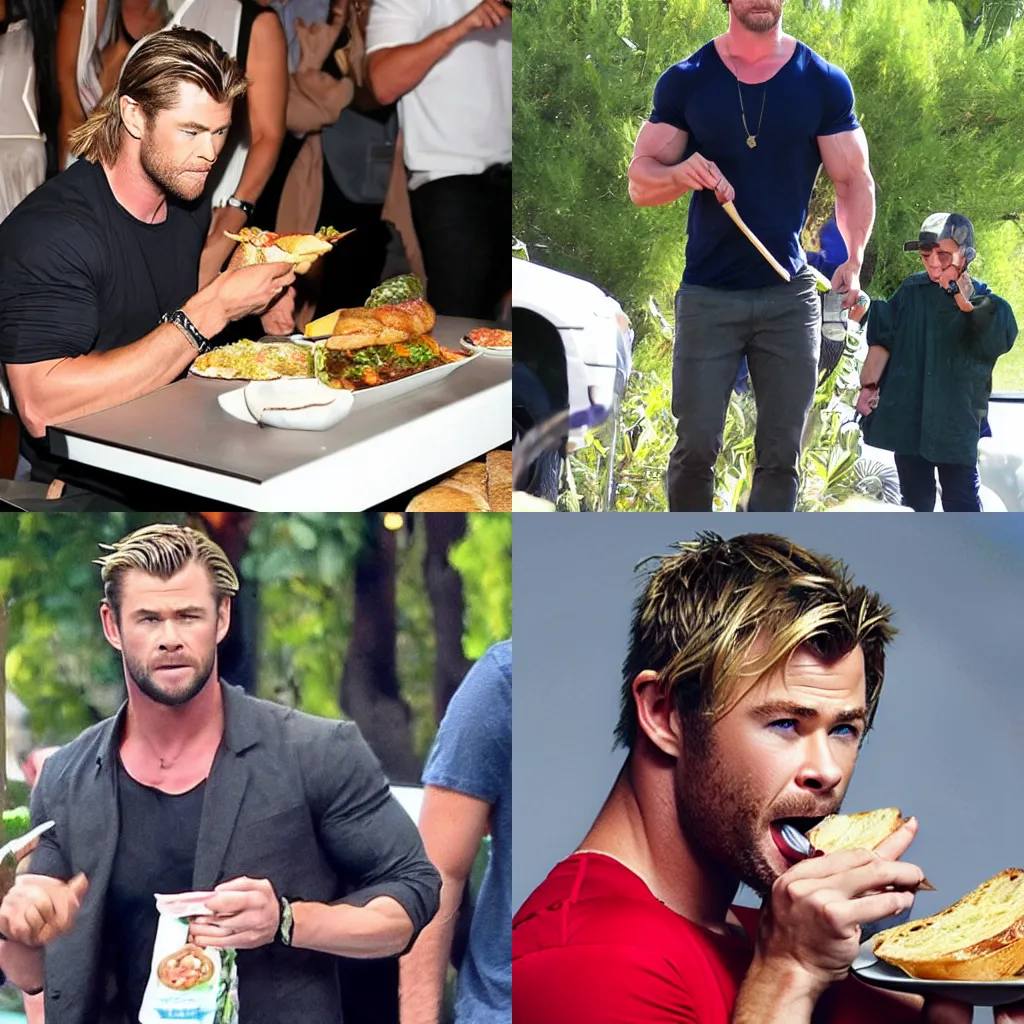 Prompt: Chris Hemsworth eating a duner