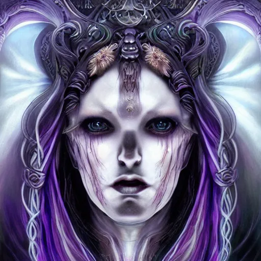 Image similar to Elden Ring themed painting of majestic chromatic purple-eyed girl with thin purple tentacles on her head beautiful ethereal angel symmetrical neutral black metal closeup face tattoo pattern golden ratio concept, Neo-Gothic concept, infinity glyph waves, intricate artwork masterpiece, very coherent artwork, cinematic, full frontal facial features by Artgerm, art by H.R. Giger, Joseph Michael Linsner, Zdizslaw Beksinski, Johnatan Wayshak, Moebius, Ayami Kojima, very anatomically coherent artwork, trending on cgsociety, ultra high quality model, production quality cinema model, high detail chromatic ink outline, octane render, unreal engine 8k, hyper realism, high detail, octane render, unreal engine, 8k, High contrast