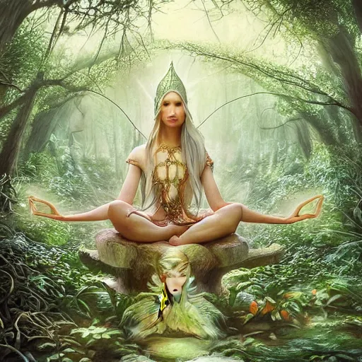 Prompt: elven princess meditating in forest, surrounded by fairies, surreal, surrealist art, digital art, trending on artstation, ultra detailed, intricate, sacred geometry, serene, beautiful, photo, realistic, perfect, smooth, moebius, by moebius