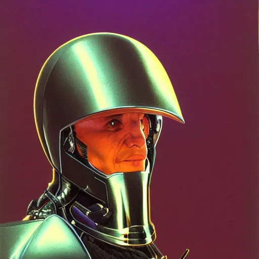 Prompt: self portrait of a humanoid raven with a helmet in the shape of a beak. purple and black body armor, digital art, realistic, ultradetailed, concept art in the style of Science Fiction. art by Syd Mead and Moebius, trending on artstation, devianart, cgsociety