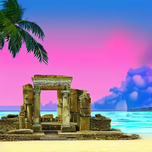 Image similar to ancient ruins in a tropical island viewed from the sea,retrowave art,trending on deviant art