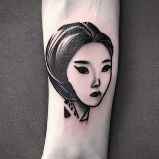 Image similar to tattoo design, stencil, portrait of a japanese girl, fantasy, artgerm