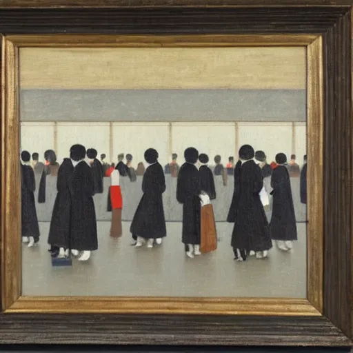 Image similar to painting of japanese commuters heading to the central business district of tokyo, painted by laurence stephen lowry, oil on canvas, national gallery