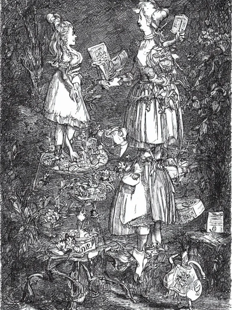 Image similar to Tenniel illustration portrait of Alice, walking in wonderland