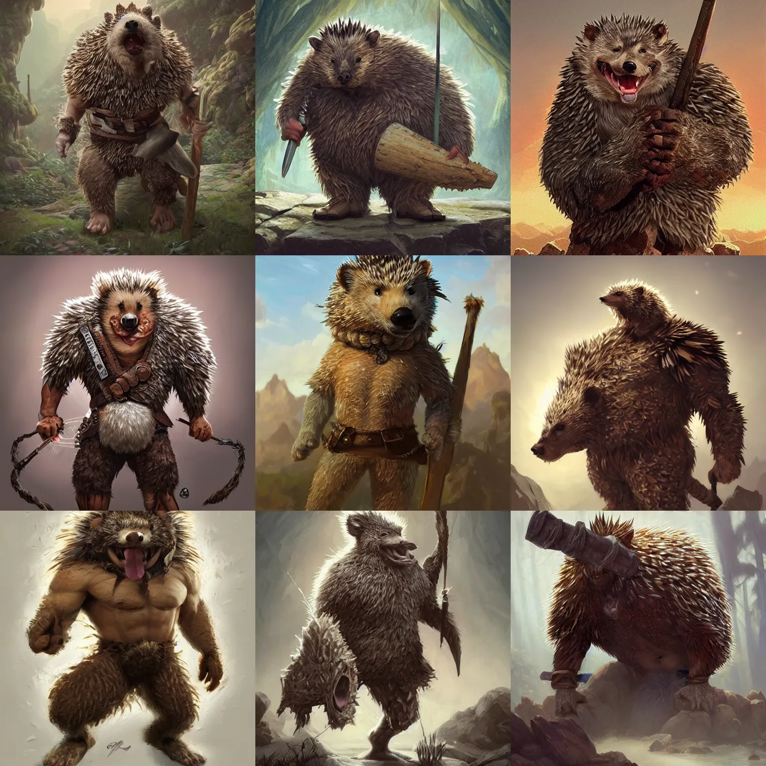 Prompt: anthropomorphic rugged hedgehog!!! with furry!! oversized barbarian muscular upper body, long hair, 👅 👅 , D&D, fantasy, intricate, elegant, highly detailed, digital painting, artstation, concept art, smooth, sharp focus, illustration, art by artgerm and beeple and greg rutkowski and alphonse mucha