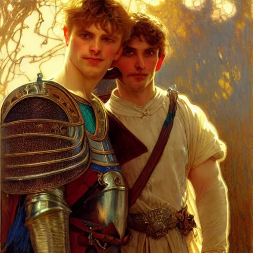 Image similar to attractive arthur pendragon and his attractive male knight, they are in love, natural lighting, path traced, highly detailed, high quality, digital painting, by gaston bussiere, craig mullins, alphonse mucha j. c. leyendecker