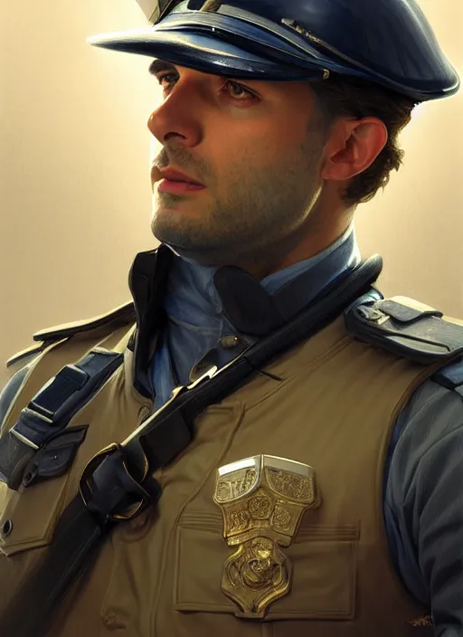 Image similar to portrait of stoic looking jean - pierre pernaut - 3 3 ans avec vous, full body, police uniform, intricate, hivis, elegant, beautiful, highly detailed, digital painting, artstation, concept art, smooth, sharp focus, illustration, art by artgerm and greg rutkowski and alphonse mucha