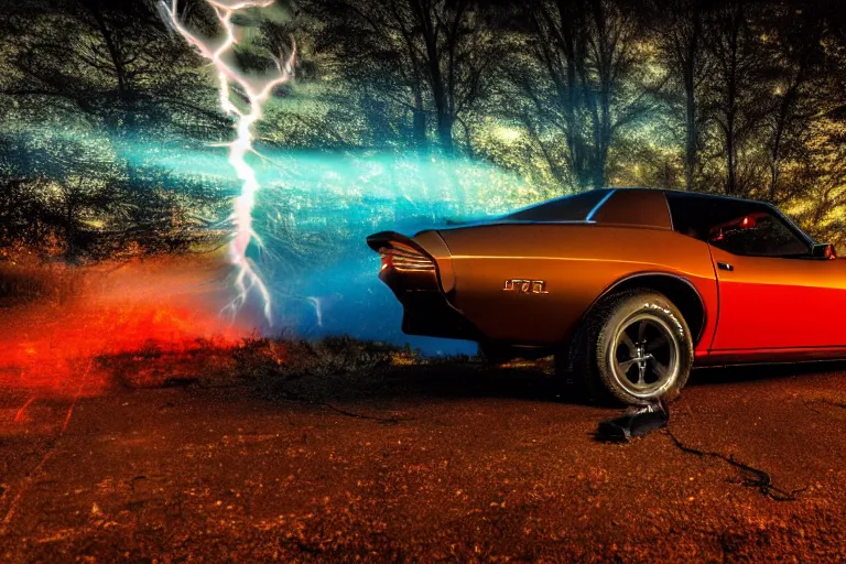 Image similar to pontiac firebird with glowing paint, sunrise, eerie light, fireflies, dog watching the car, dramatic, cinematic, forest, horror, sunbeams, volumetric lighting, wide shot, low angle, lightning storm hitting the car, ground cracking open to reveal a portal to hell