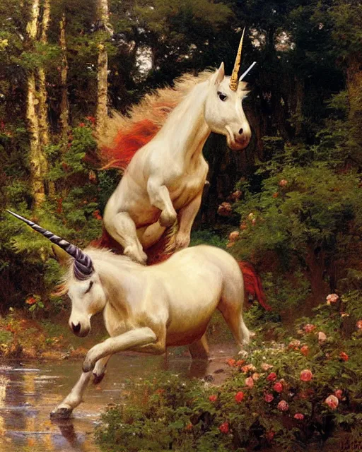 Image similar to a wild unicorn rears and points its hooves at an approaching wildcat, enchanted forest, painting by gaston bussiere, craig mullins, j. c. leyendecker