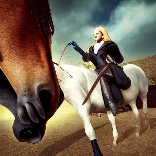 Image similar to vampire feeding on a horse, epic scene, realistic render