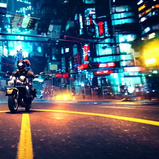 Image similar to minion riding a motorbike in a neotokyo street, cyberpunk, movie still, 4 k