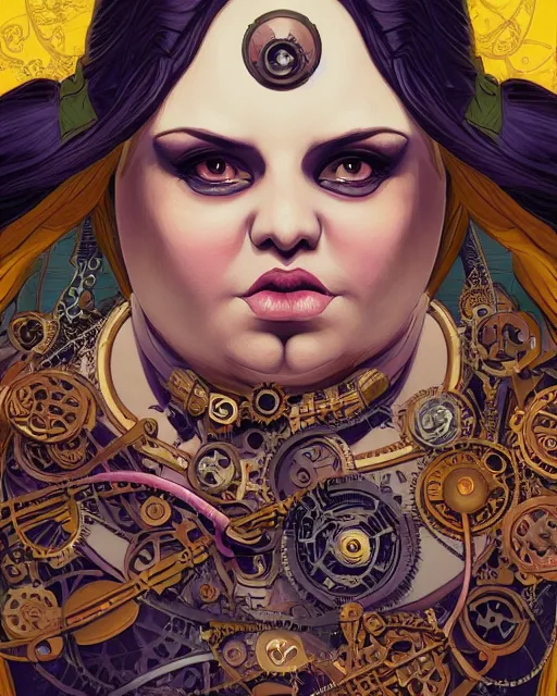 Image similar to a detailed portrait illustration of a steampunk necromancer. beautiful obese female face. art nouveau, pop art, comic book style. influenced by neil gaiman, h. p. lovecraft, dan mumford, karol bak, vadim voitekhovitch, killian eng, ross tran, cedric peyravernay.