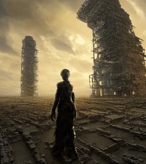 Prompt: tarkovsky greatest scene, stalket, the ancient destroyed majestic tower of babylon, woman in a gantz suit, futuristic cyber clothing, transparent puffer jacket, hyperrealistic, blockchain, cyber world, ambient lighting, concept art, intricate sky, hyper detailed, smooth, dynamic volumetric lighting, octane, ray trace, cinematic, high quality, cgsociety