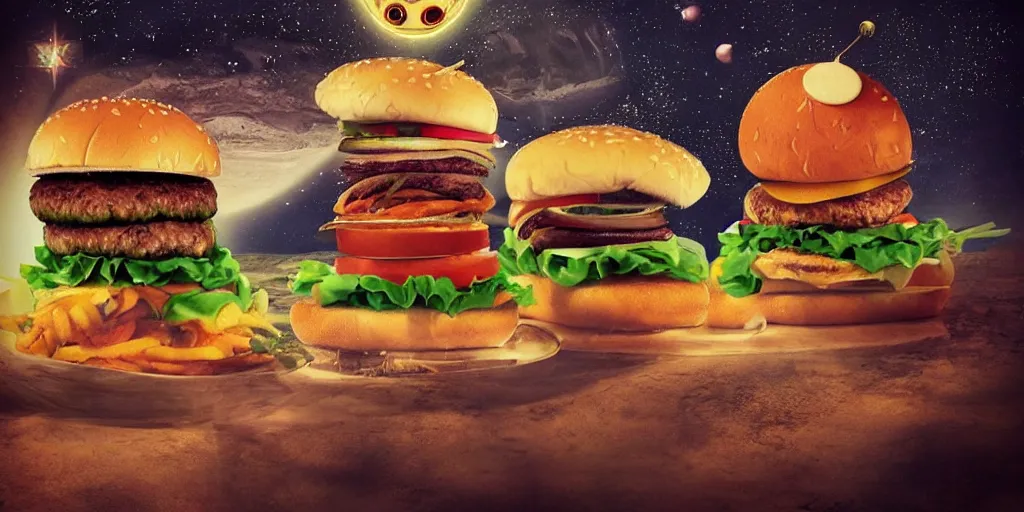 Image similar to a dream of time gone by, where I was eating burgers and not so hungry, realistic, out of this world, alien, sleepy, on a mini world, the little prince from outer space, colorful, gangly, dream, vial of stars, metallic, satisfying render, tiny people devouring food