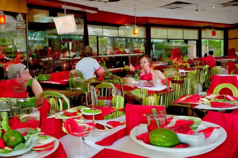 Image similar to 2 0 1 2 watermelon new jersey diner, tables repeat endlessly into the horizon, fruitcore, one point perspective, americana photographer