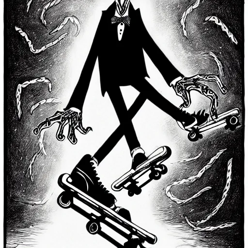 Image similar to black and white trippy comic art of dracularoller skating on roller skates, drawn by martin rowson, tim burton, studio ghibli, alex pardee, nekro petros afshar, james mcdermott, cgsociety 4 k