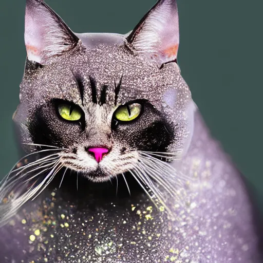 Image similar to a photo of an angry cat covered in glitter, highly detailed, photorealistic, f 2. 8