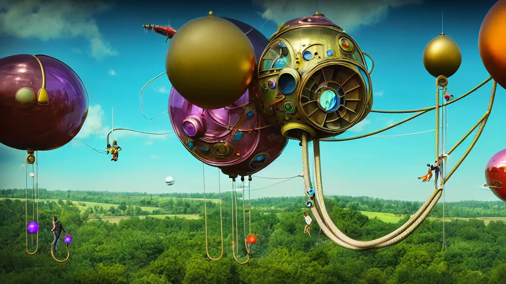 Prompt: large colorful futuristic space age metallic steampunk balloons with pipework and electrical wiring around the outside, and people on rope swings underneath, flying high over the beautiful countryside landscape, professional photography, 8 0 mm telephoto lens, realistic, detailed, digital art, unreal engine