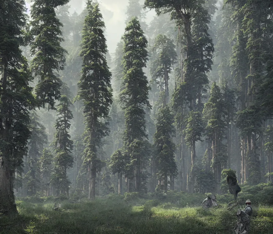 Prompt: a beautiful hyperrealistic detailed 3 d render of colossal golems guarding a wall of infinite pine trees, by roberto robert, anton otto fischer, atey ghailan, unreal engine, octane render, epic, 3 d, intricate, ultra wide, artstation, volumetric lighting, hdr, polished, micro details, ray tracing, 8 k