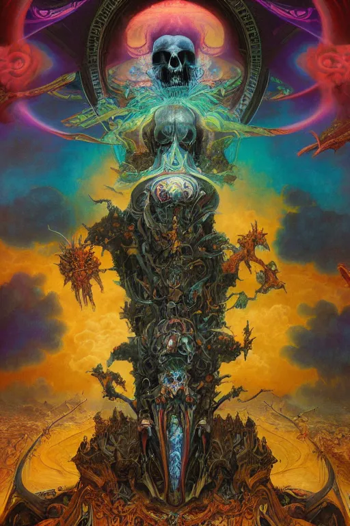 Image similar to gigantic psychedelic demonic cosmic skull lord of death and hell fire, fantasy painting, ultra realistic, wide angle, art nouveau, intricate details, rainbowshift, vivid colors, highly detailed by peter mohrbacher, h. r. giger, maxfield parrish, gustave dore, craig mullins, octane render, cgi