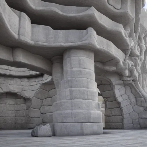 Image similar to a sculpture carved out of stone in the very elaborate shape of smoke, in a brutalist gallery space of concrete, global illumination, octane render, extreme detail, 8 k