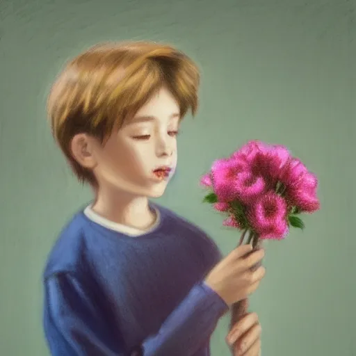 Prompt: a young boy is holding a bouquet of flowers, a pastel by bourgeois, pixabay, art & language, stockphoto, ilya kuvshinov, vray