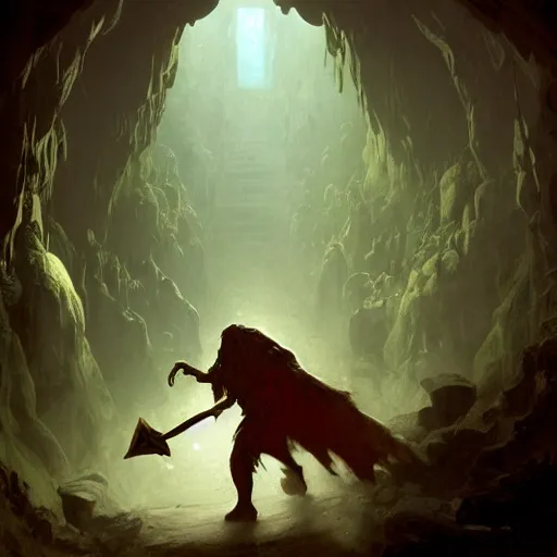 Prompt: A gully-dwarve fighting a Beholder in a cavern in the Underdark, wide view, intricate, Dungeons and Dragons, highly detailed, artstation, concept art, smooth, sharp focus, illustration, art by greg rutkowski and orientalism and bouguereau and Zdzislaw Beksinski, good clear quality, lighting, biology, symmetrical artwork, perfect face, 135 mm, cinematic, hyper realism, high detail, octane render, 8k, chrome accents