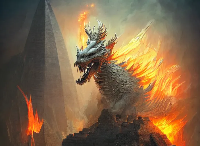 Prompt: luxurious white chinese dragon deatroying the cyberpunk egyptian pyramid with intense destructive fire 🔥, by greg rutkowski, james jean, peter mohrbacher, rule of thirds, sigma look, beautiful, intricate, majestic, award winning