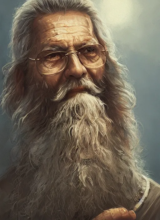 Prompt: portrait of a elderly wizard with a long beard wearing a hawaiian shirt, detailed face, fantasy, highly detailed, cinematic lighting, digital art painting by greg rutkowski