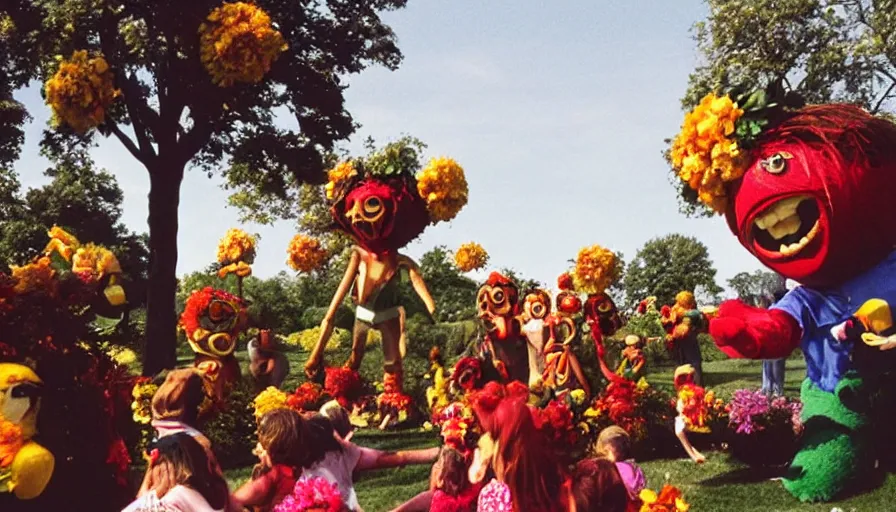 Prompt: 1990s candid photo of a beautiful day at the park, cinematic lighting, cinematic look, golden hour, large personified costumed flower people in the background, Enormous flower people mascots with scary faces chasing kids, kids talking to flower people that are really scary and ruining the day, UHD