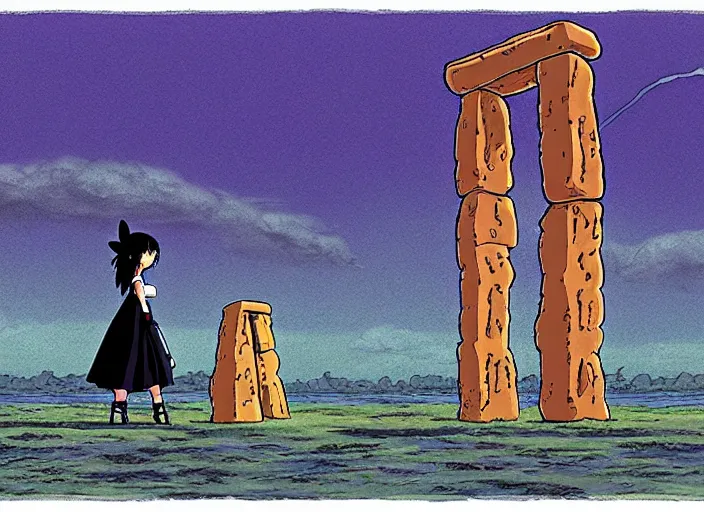 Prompt: a realistic cell - shaded studio ghibli concept art from paprika ( 2 0 0 6 ) of a flying multi - colored cube from close encounters of the third kind ( 1 9 7 7 ) and a grey long - haired witch in a flooded stonehenge on a misty starry night. very dull colors, wide shot, hd, 4 k, hq