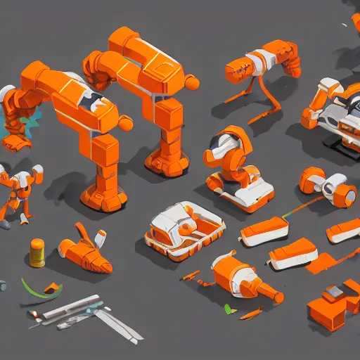 Prompt: isometric game asset of robots, in gouache detailed paintings, props, stylized, 2 d sprites, kitbash, overwatch, orange and white color scheme, 8 k, close up